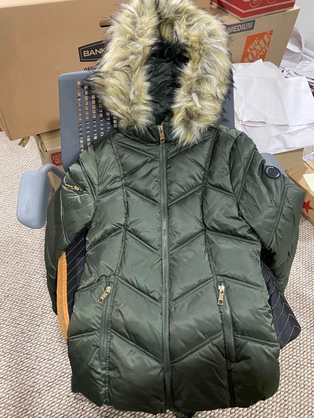 Nautica Girls Olive Green Puffer Coat with Faux Fur Hood